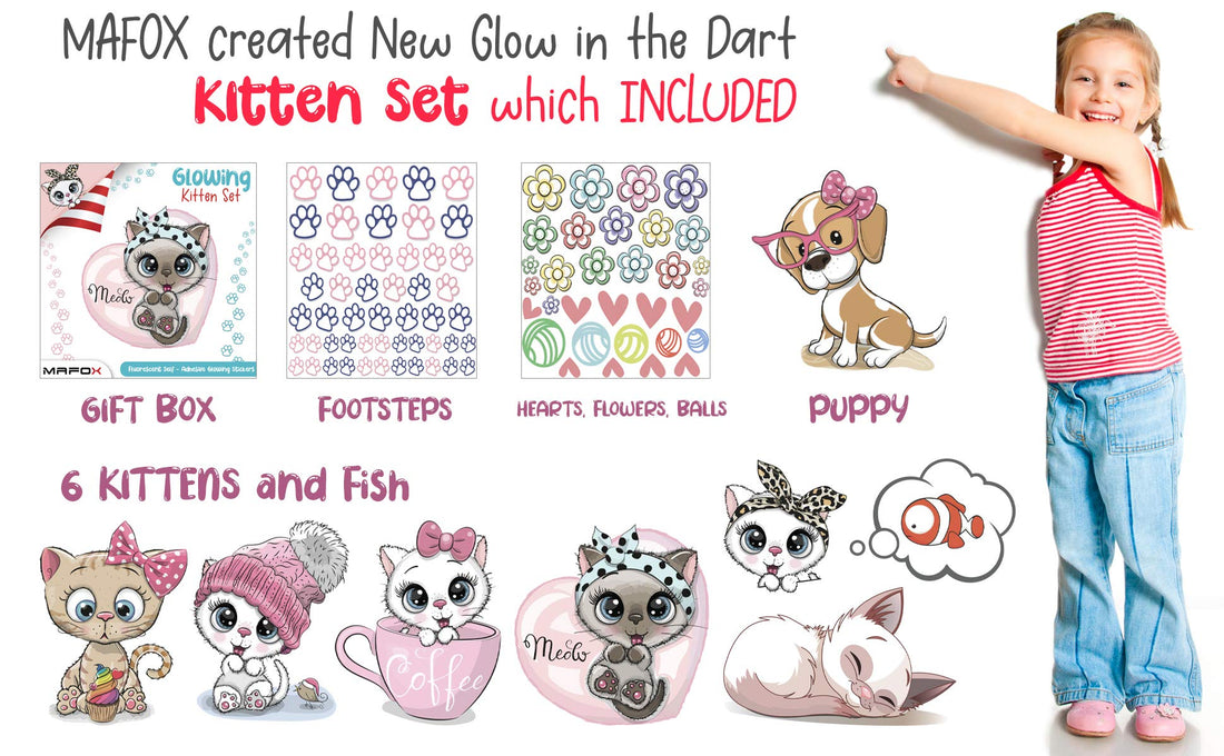 Glow in The Dark Cat Stickers with Dog and Fish, Wall Decals Sticker for Kids Bedding Room, Great for Birthday Gift Glowing Cat for Girls and Boys