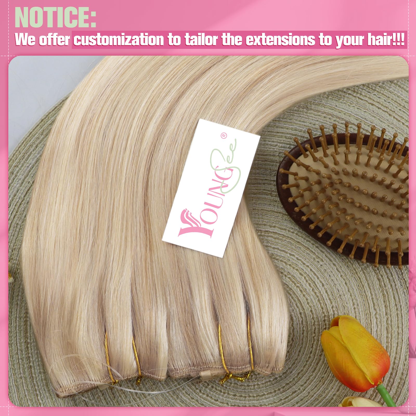 Youngsee 16 inch Invisible Wire Secret Halo Hair Extensions Human Hair Ash Blonde light with Bleach Blonde No Glue Hair Flip on Hair Extensions 11inch Width 80g/pack