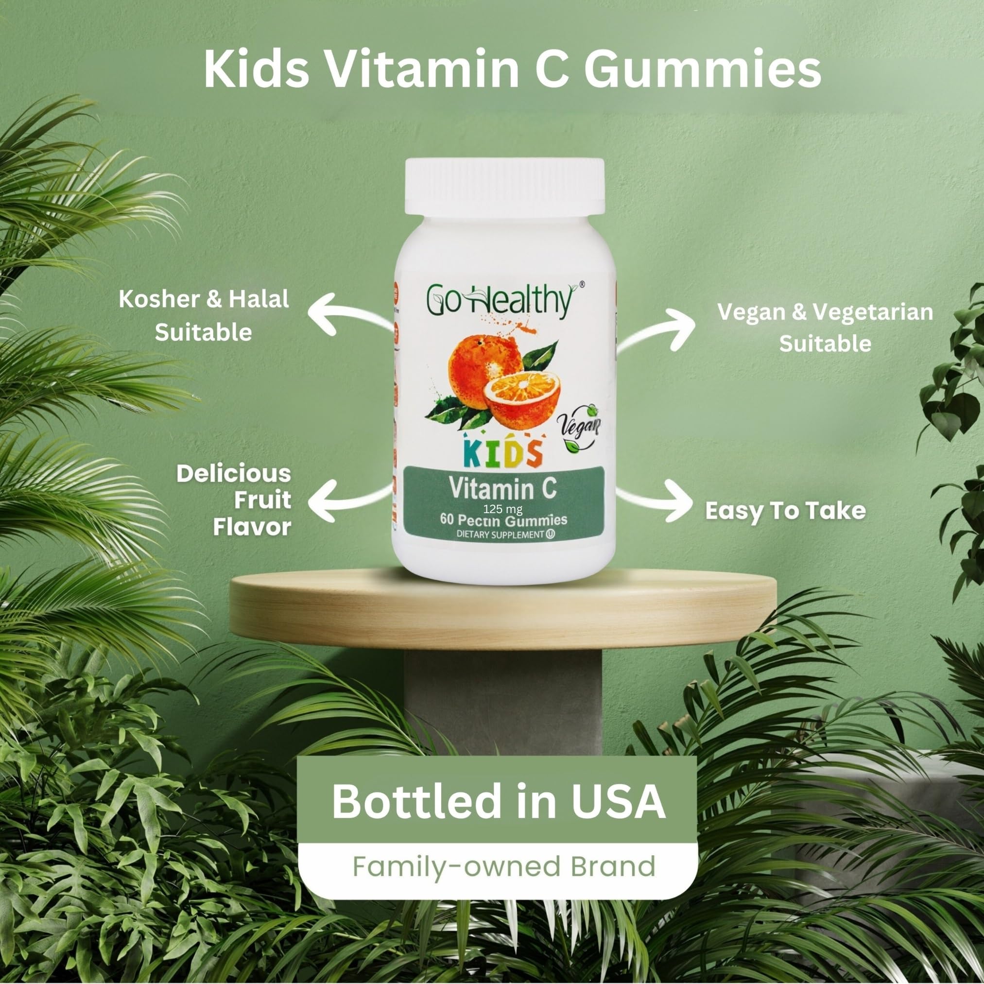 Go Healthy Vitamin C Gummies for Kids - Toddler & Children's Vitamin Gummy Supplement, Growth & Immune Support – Kosher, Halal, Non-GMO, Gluten-Free, Delicious Orange Flavor - 60 Servings