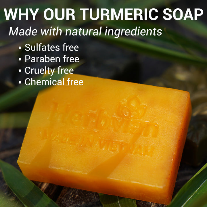 Herbvian 100% Natural Turmeric Soap Bar for Face and Body, Warmth Lemongrass Mosquito Repellent Soap, Vietnamese Back Acne Bath Body Soap, Anti-Acne Cleansing Healthy for All Type Skins (Pack 2)