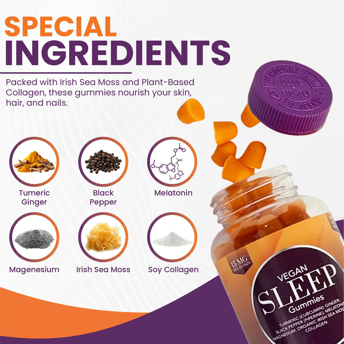 Skegee Vegan Sleep Gummies, Magnesium with Melatonin 15mg, Sea Moss, Collagen, Turmeric & Ginger, Non Habit Forming, Non-GMO, Gluten-Free, Mixed Berry Flavor, 60 Count