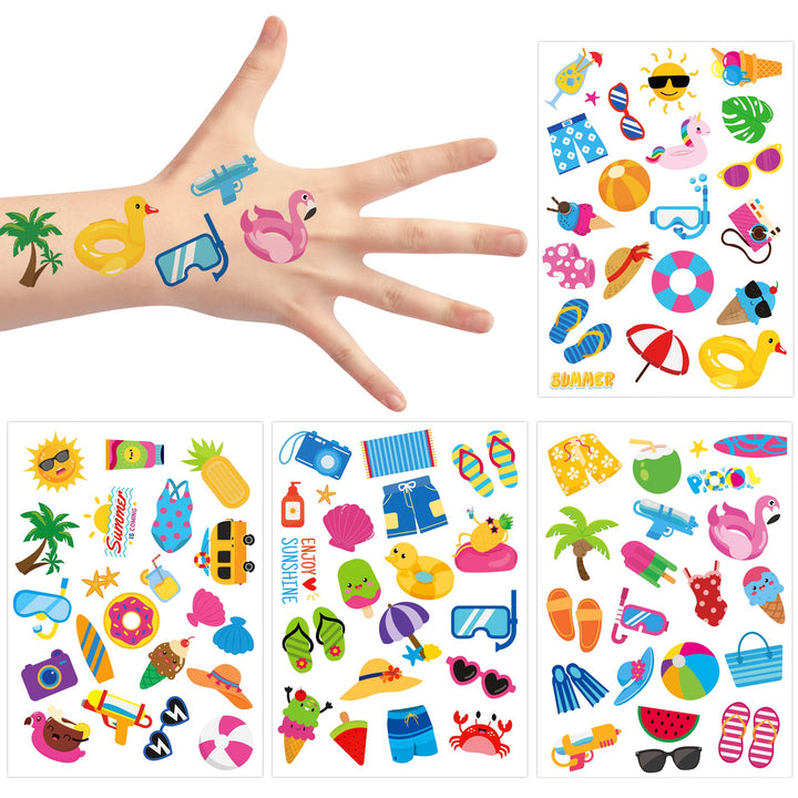 3sscha 8 Sheets Summer Beach Temporary Tattoos for Kids Cartoon Flamingo Watermelon Pineapple Non-toxic Tats Stickers Waterproof Palm Body Sticker Art Decal Pool Party Favor Supplies for Boys Girls
