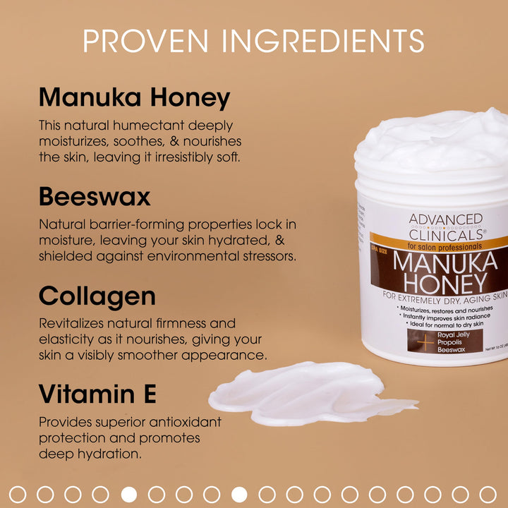 Advanced Clinicals Manuka Honey Cream for Extremely Dry, Aging Skin For Face, Neck, Hands, and Body. Spa Size 16oz.