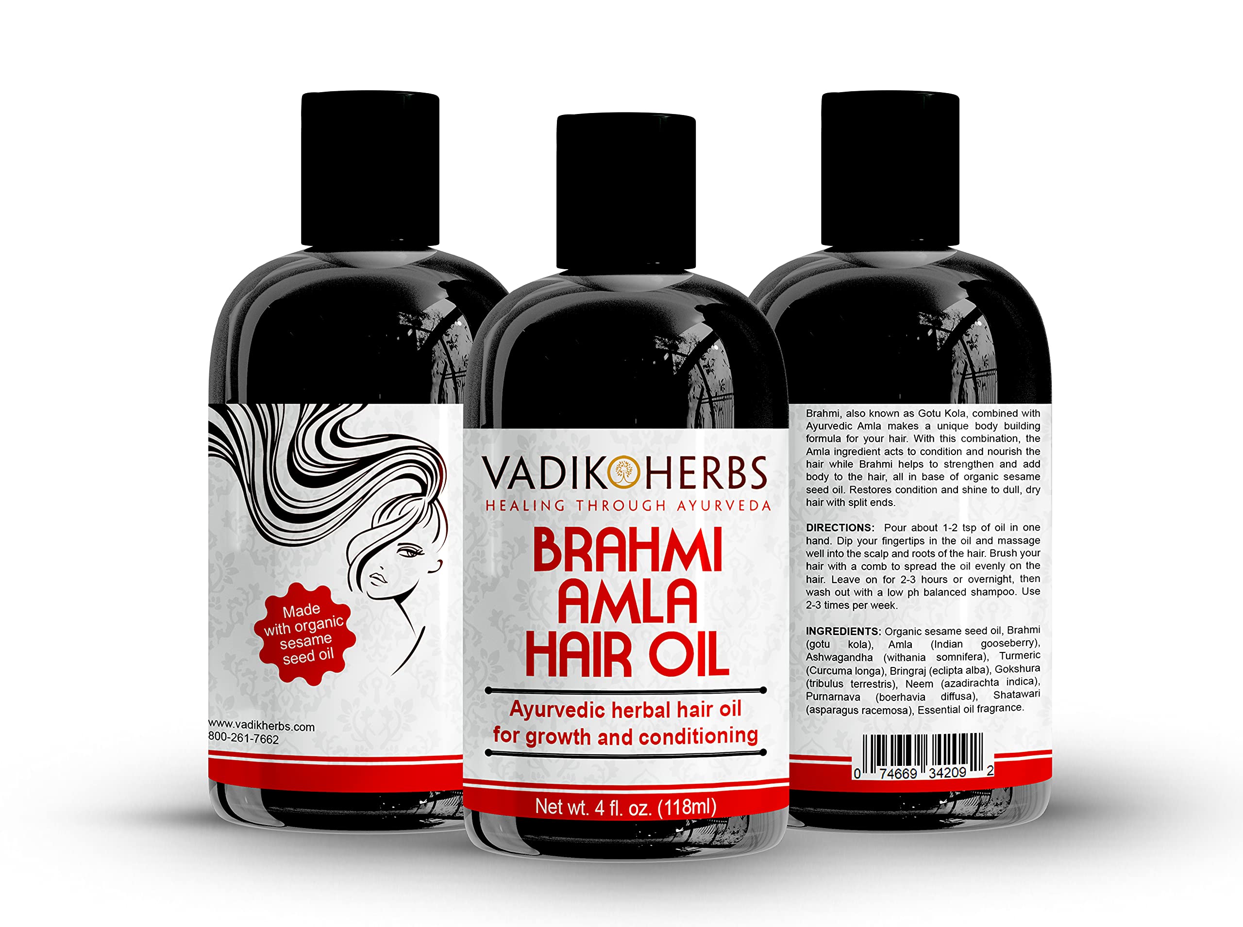 Brahmi-Amla Hair Oil (4oz) by Vadik Herbs | Promotes excellent hair growth and hair conditioning | all natural herbal solution for hair loss, thinning hair, balding | Great as a beard oil as well