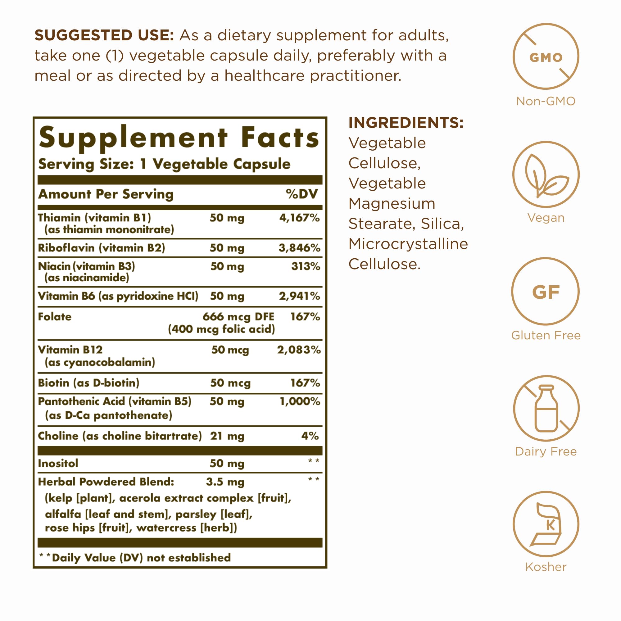 Solgar B-Complex “50” - 100 Vegetable Capsules, Pack of 2 - Energy Metabolism & Nervous System Support - Non-GMO, Vegan, Gluten Free - 200 Total Servings