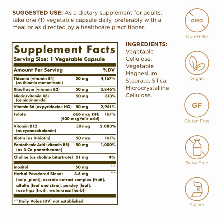 Solgar B-Complex “50” - 100 Vegetable Capsules, Pack of 2 - Energy Metabolism & Nervous System Support - Non-GMO, Vegan, Gluten Free - 200 Total Servings