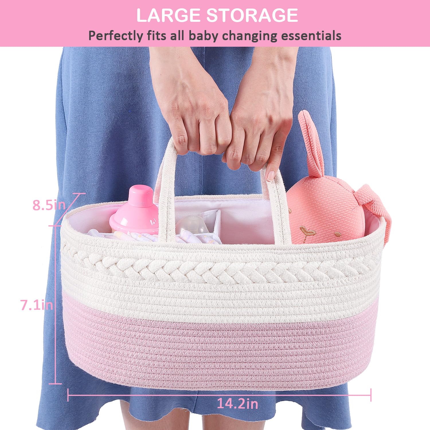 ABenkle Diaper Caddy Organizer - Cotton Rope Nursery Storage Basket for Baby Essentials, Boys & Girls Shower Gift, Changing Table Organizer, Pink