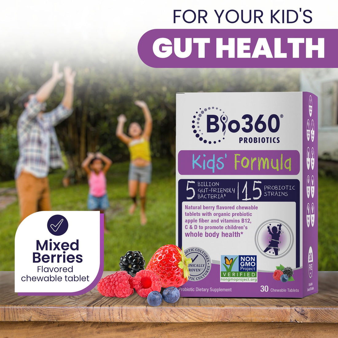 Bio360 Probiotics for Kids - 15 Strains & 5 Billion CFU Supports Brain, Immune & Digestive Health - Kids Probiotic Chewable with Organic Prebiotics for Gut & Constipation, Mixed Berry Flavor, 30 Count