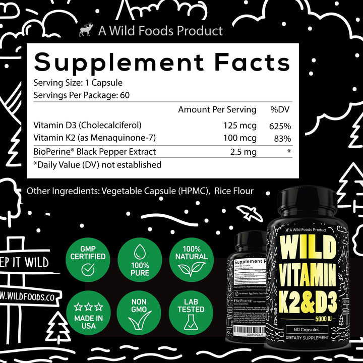 Wild Foods 5000iu Vitamin D3 + K2 | (100mcg Mk7) with Black Pepper Extract, Plant-Based, Non-GMO, Soy & Gluten-Free | Dietary Supplement | Made in USA | 60 Capsules