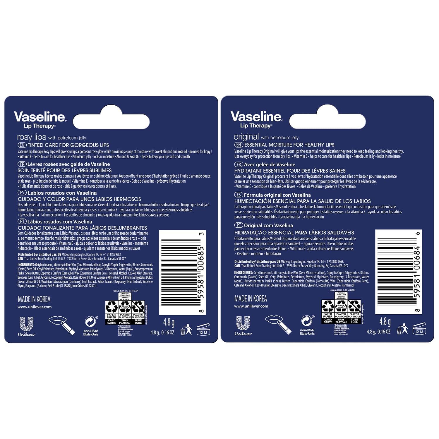 Vaseline Lip Therapy Variety 4-Pack – Original + Rosy Lips Moisturizing Lip Balm with Vitamin E, 0.16 Oz Ea