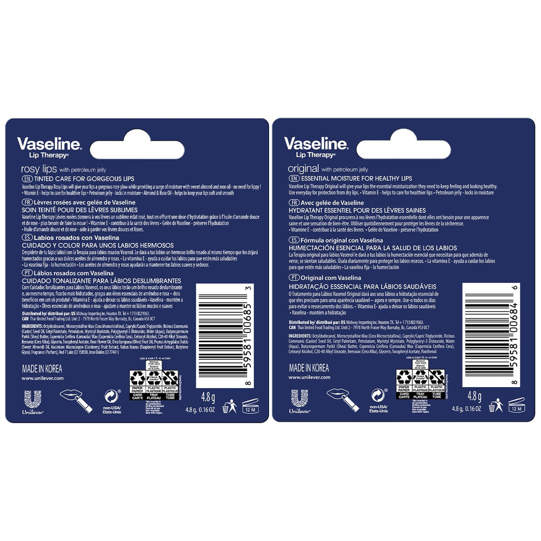Vaseline Lip Therapy Variety 4-Pack – Original + Rosy Lips Moisturizing Lip Balm with Vitamin E, 0.16 Oz Ea