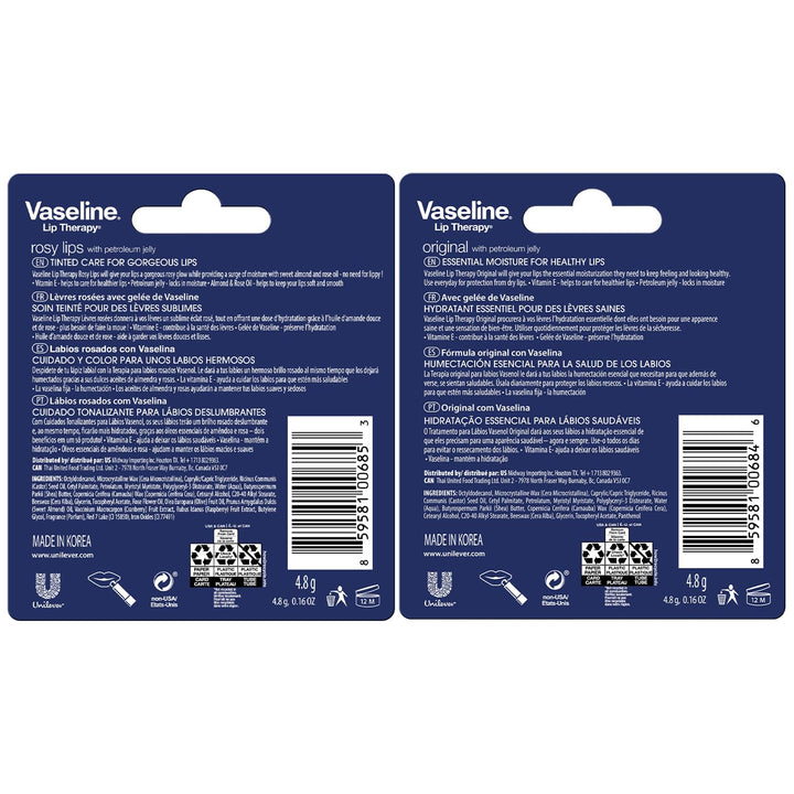 Vaseline Lip Therapy Variety 4-Pack – Original + Rosy Lips Moisturizing Lip Balm with Vitamin E, 0.16 Oz Ea
