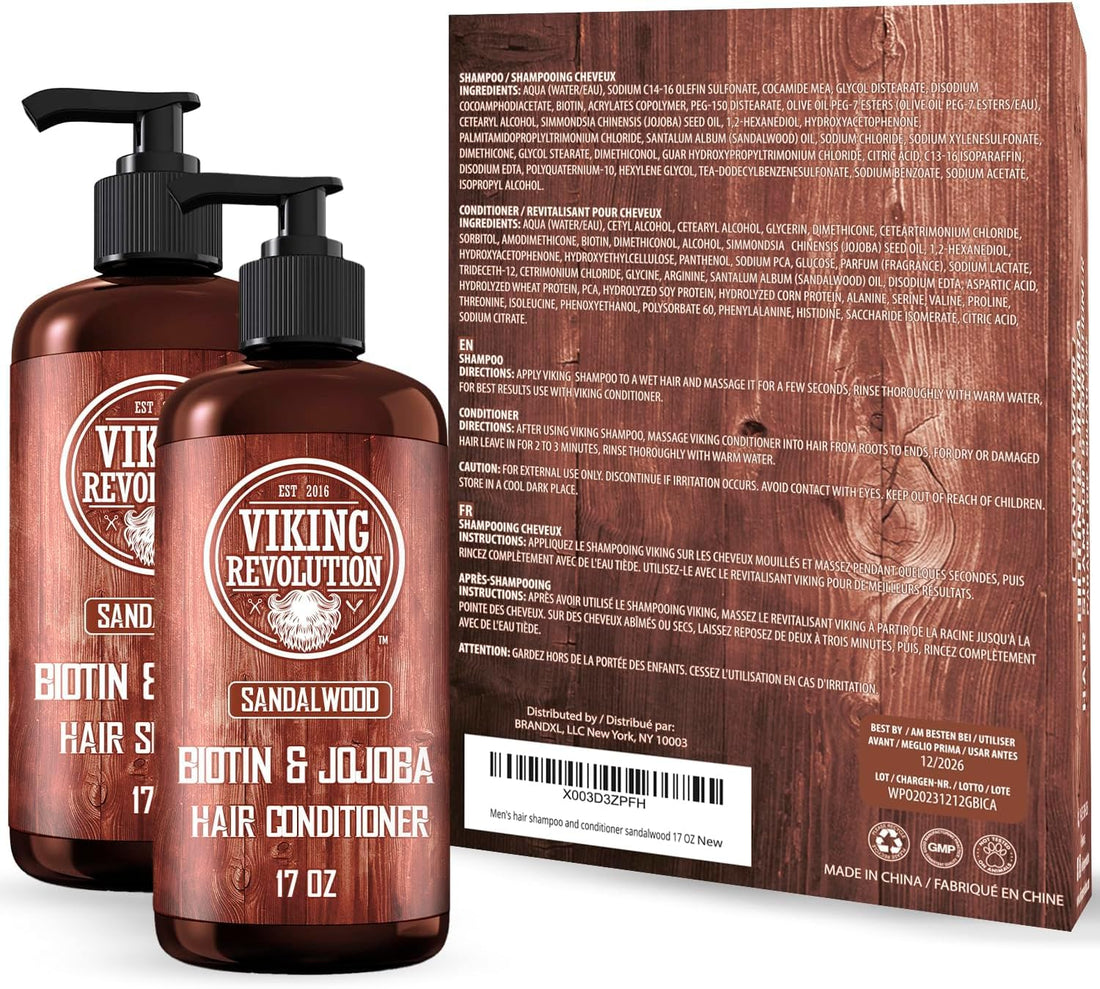 Viking Revolution Sandalwood Shampoo and Conditioner Set with Biotin and Jojoba Oil - Natural Hair Shampoo and Hair Conditioner for Men with Vitamin B5 (17 Oz)