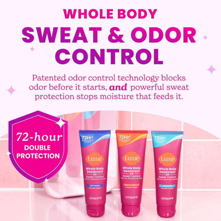 Lume Whole Body Deodorant Plus Sweat Control - Smooth Cream Tube - 72 Hour Odor And Sweat Control - Baking Soda Free, Skin Loving - 3.0 ounce (Pack of 2) (Soft Powder & Lavender Sage)
