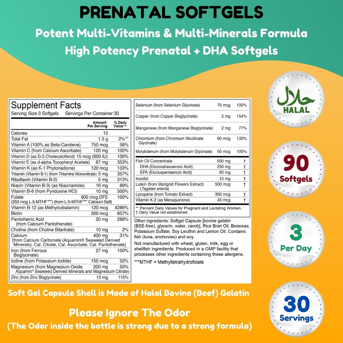 SHIFAA NUTRITION Halal Prenatal Vitamins with DHA and Folic Acid | High Potency 90 Softgels, Keto-Friendly | Vitamin C 120mg, DHA 250mg, Folic Acid 800mg, EPA 90mg, Biotin & Iodine