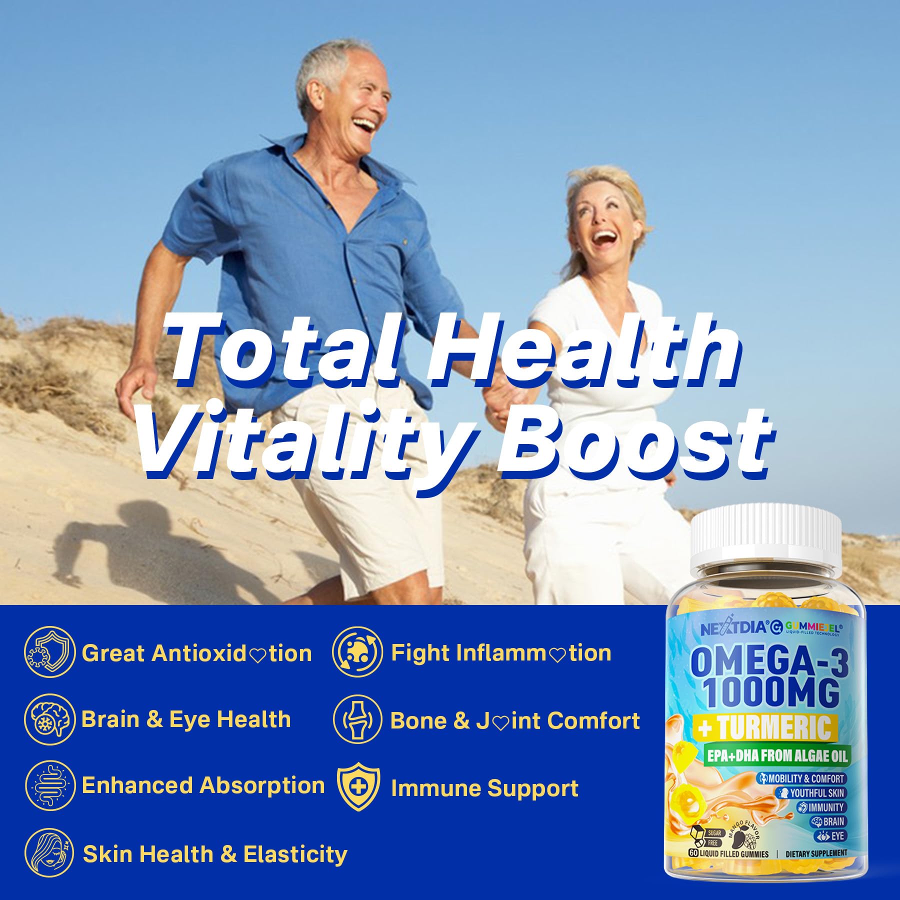 Vegan Omega-3 Gummies 1000mg + Turmeric - Omega 3 Fish Oil Alternative for Adults - Algae Omega DHA 600mg & EPA 300mg, Vitamins A, C, E, Zinc & MSM, Sugar Free, 60 Cts