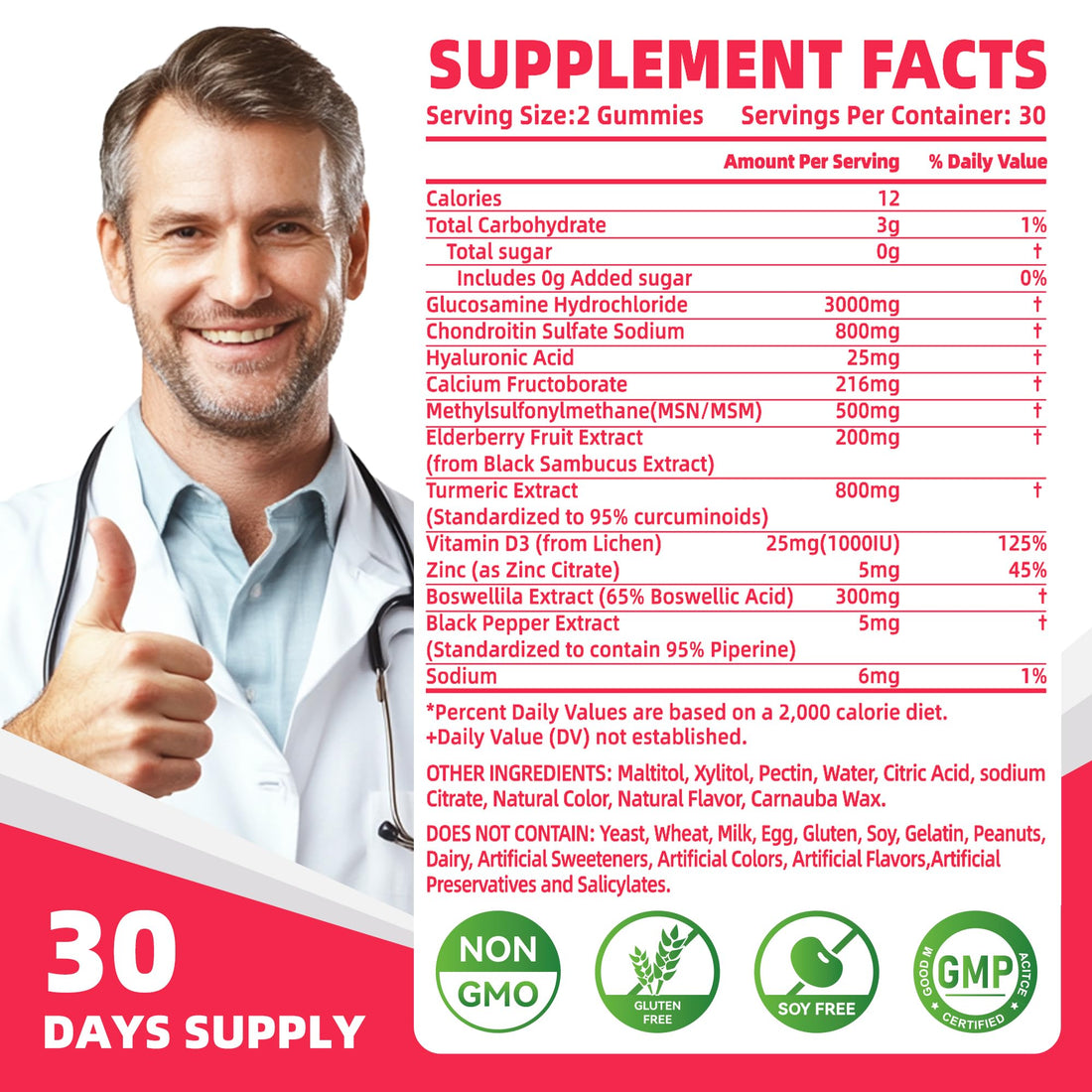 Nutravita Glucosamine Chondroitin Gummies with MSM & Elderberry Extra Strength - Joint Support, Antioxidant Immune Support Supplement for Adults, Men & Women.60 Strawberry Chews