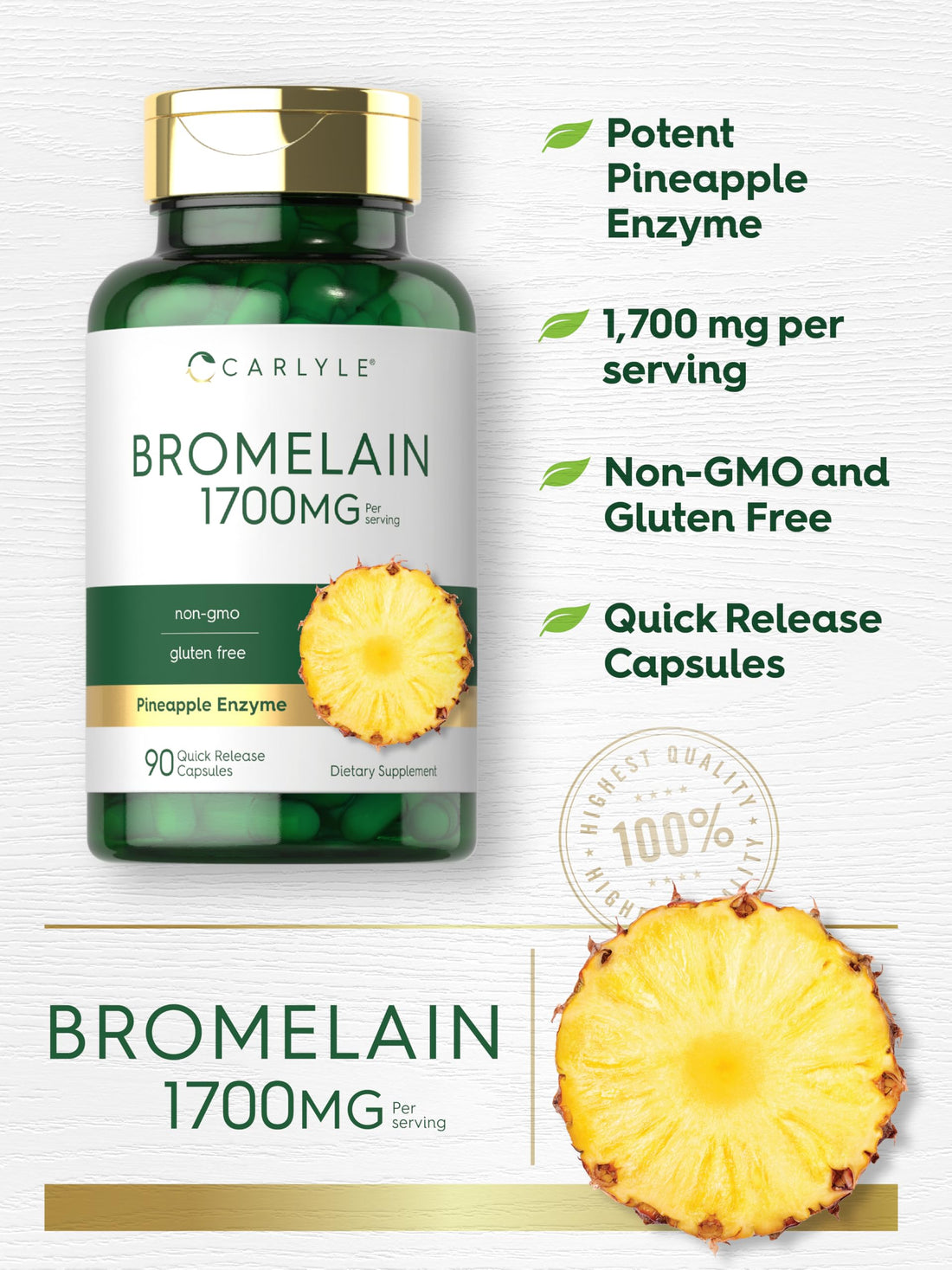Carlyle Bromelain 1700 mg | 90 Capsules | Pineapple Enzyme Supplement | Non-GMO and Gluten Free