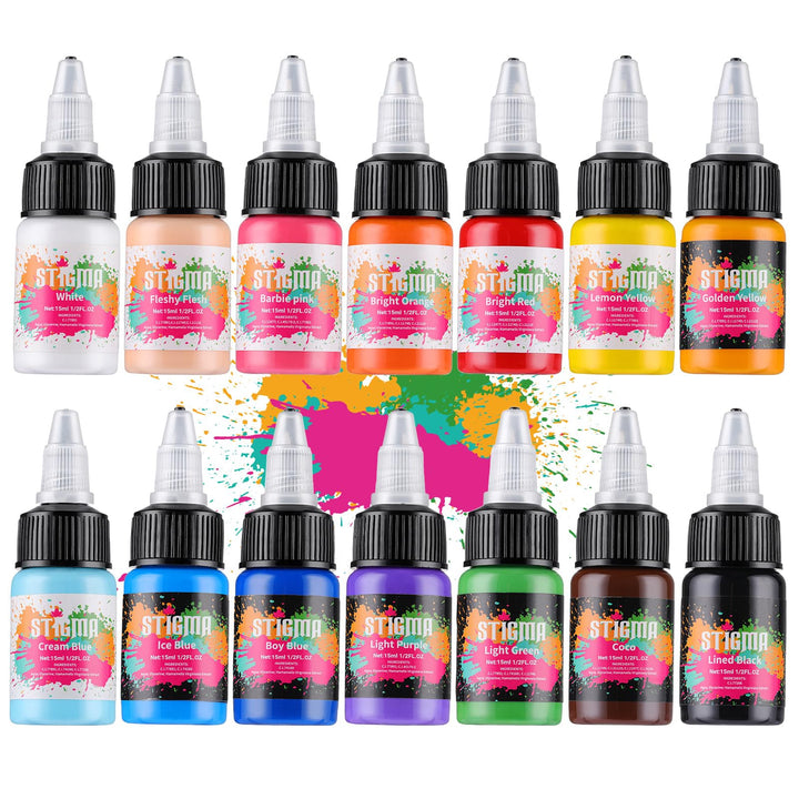 STIGMA Professional Tattoo Ink Color Set 14 Colors with 15 ml 1/2oz per Bottle Tattoo Ink Set for Tattoo Artist and Beginners Tattoo Supplies TI4003-15-14