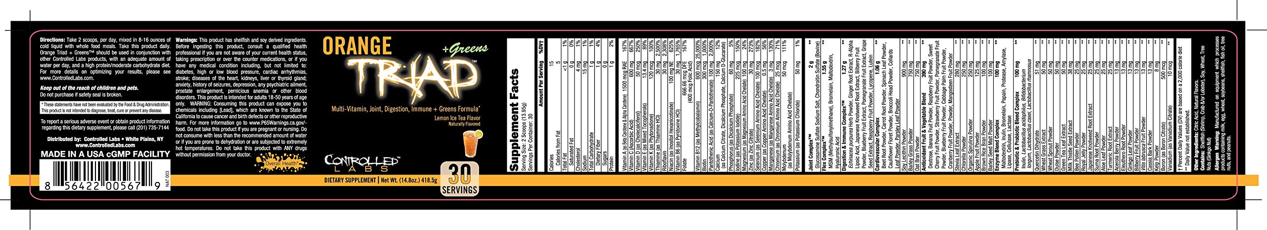 CONTROLLED LABS Orange Triad Plus Greens for Men and Women, 30 Servings Iron Free Sports Supplement for Overall Health, Multivitamin, Digestion, Immune System, and Joint Health