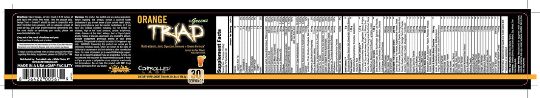 CONTROLLED LABS Orange Triad Plus Greens for Men and Women, 30 Servings Iron Free Sports Supplement for Overall Health, Multivitamin, Digestion, Immune System, and Joint Health