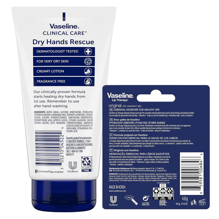 Vaseline Hand Cream, Dry Hands Rescue 2-Pack – Clinical Care Formula, Fragrance-Free, 5.1 Oz Ea + Lip Therapy Original Moisturizer for Lips, 0.16 Oz