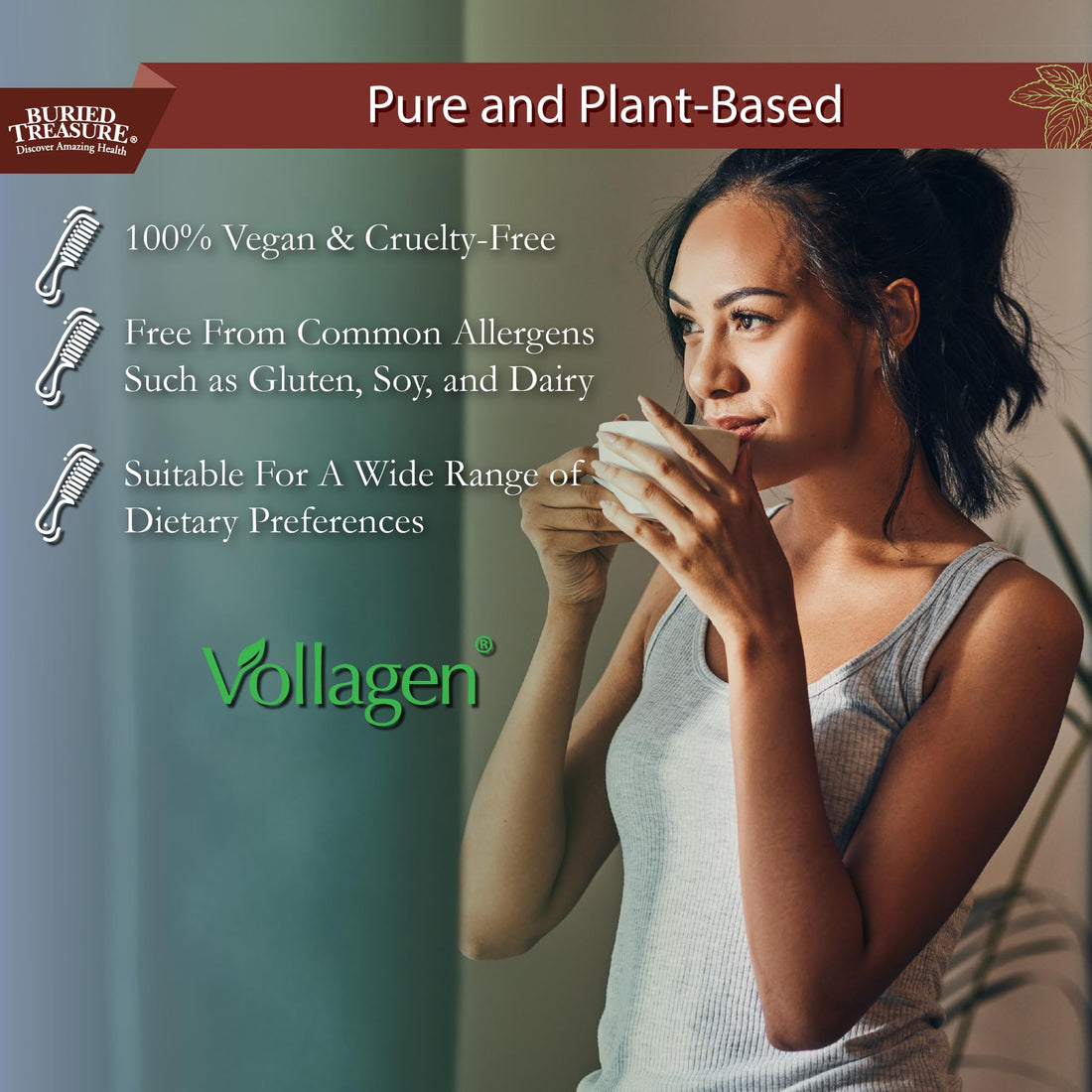 Buried Treasure Nature's Vollagen, Liquid Vegan Collagen, Biotin, MCT, Vitamin C, Hyaluronic Acid, Plant Based Collagen from Free Form Amino Acids, for Healthy Hair Skin and Nails Support for Women