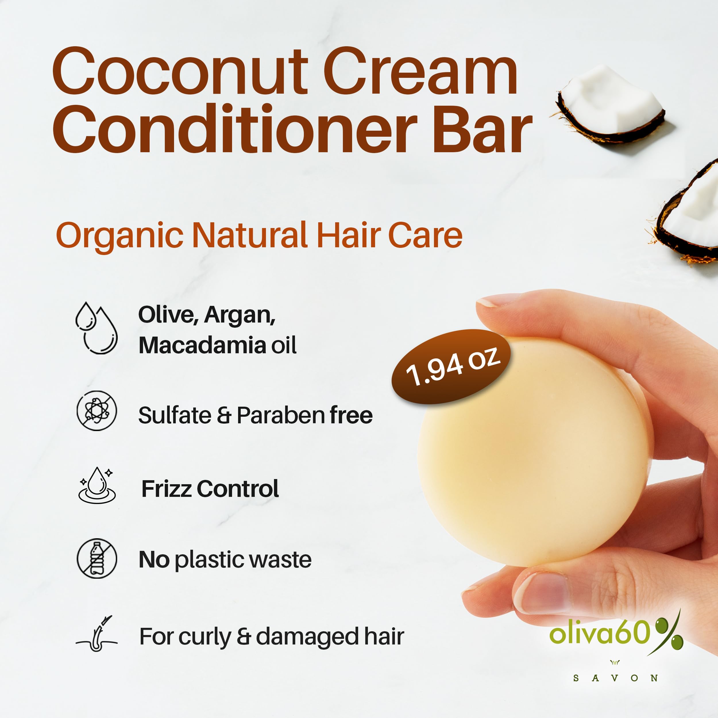 Conditioner & Detangler Bar Lavender Oil for Curly Hair | Extra Moisturizing | Frizz Control for Damaged | Olive, Argan & Macadamia Oil | Sulfate & Paraben Free | Vegan | 1.94 oz | OLIVA 60