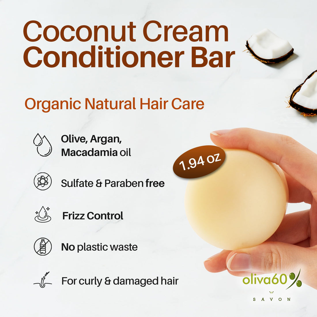 Conditioner & Detangler Bar Lavender Oil for Curly Hair | Extra Moisturizing | Frizz Control for Damaged | Olive, Argan & Macadamia Oil | Sulfate & Paraben Free | Vegan | 1.94 oz | OLIVA 60