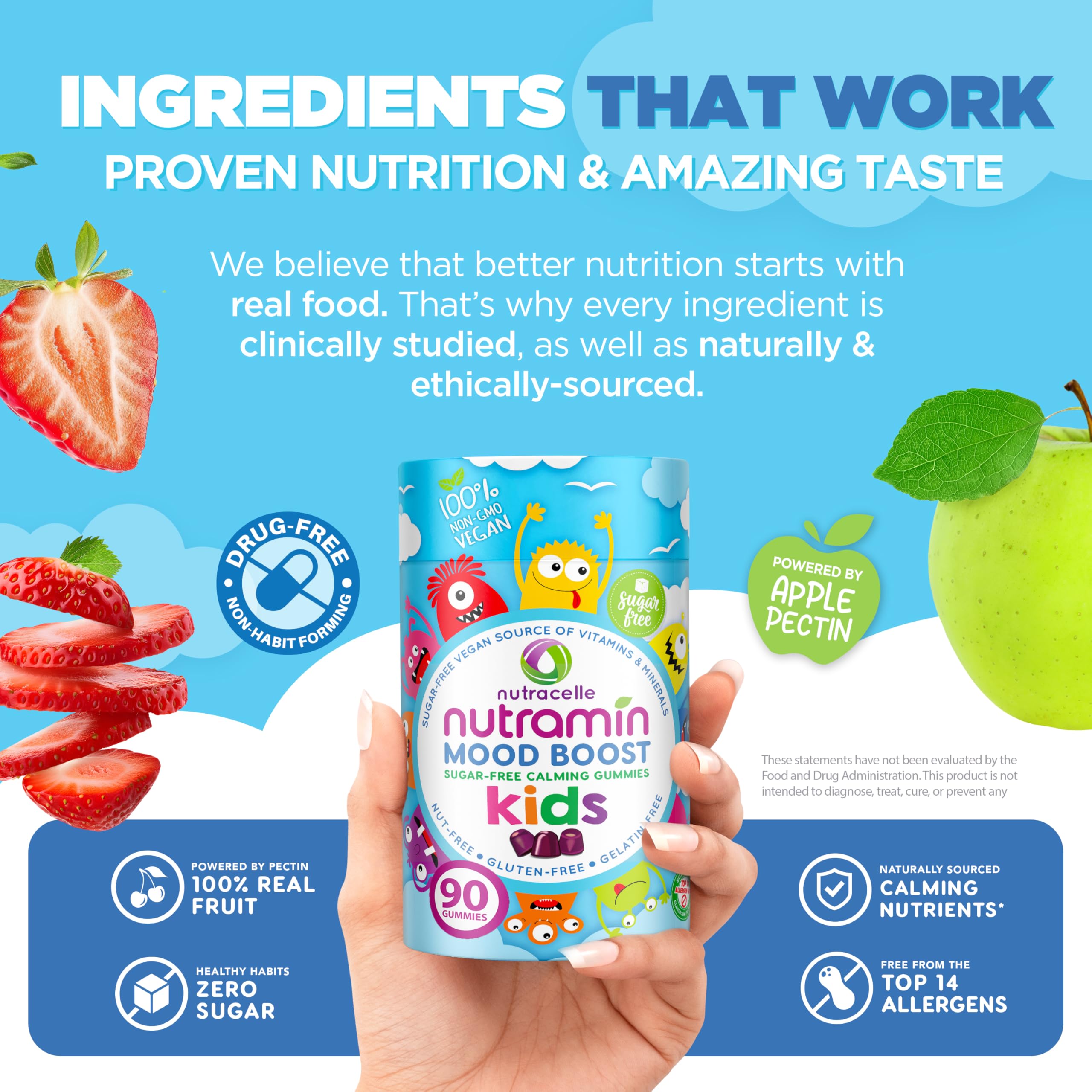 NUTRAMIN Kids Mood Boost Vegam Vitamin Gummy: Calming Magnesium Citrate Supplement for Children with Ashwagandha & Vitamin B Complex to Relax & Focus - Sugar-Free, Allergy-Safe, Non-GMO 90 ct