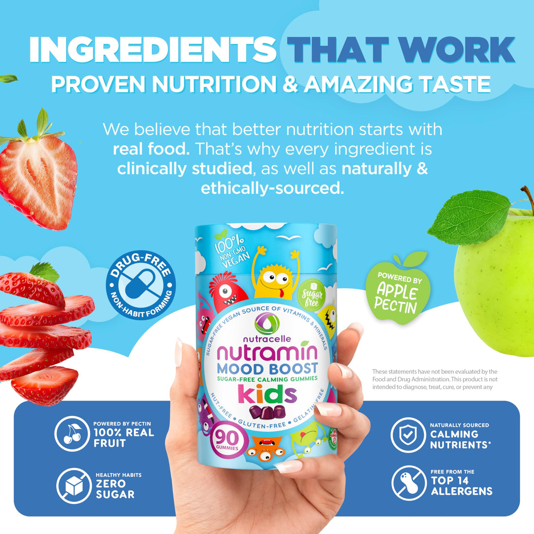 NUTRAMIN Kids Mood Boost Vegam Vitamin Gummy: Calming Magnesium Citrate Supplement for Children with Ashwagandha & Vitamin B Complex to Relax & Focus - Sugar-Free, Allergy-Safe, Non-GMO 90 ct