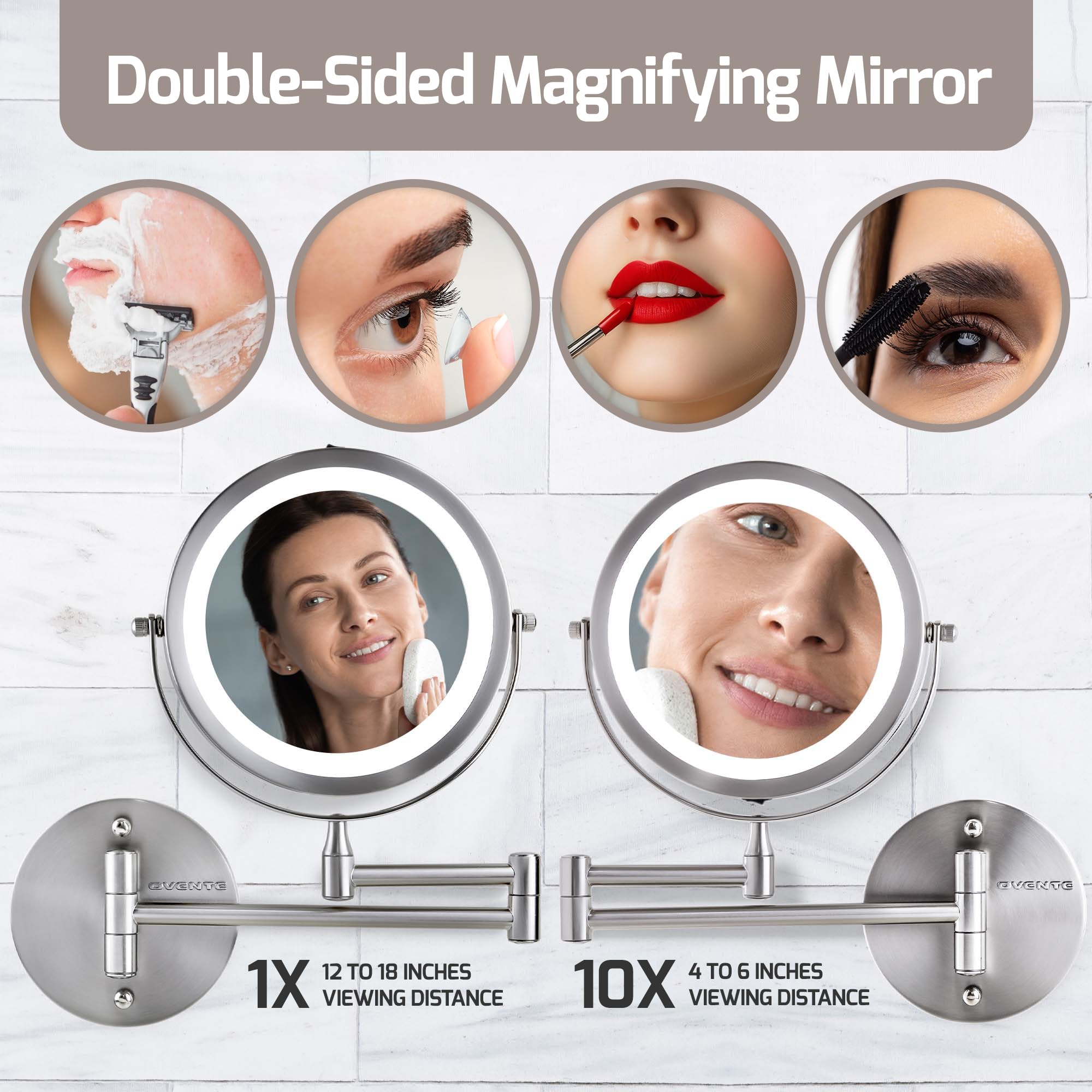 OVENTE 7 Lighted Wall Mount Makeup Mirror with 1X/10X Magnification, Cordless Double Sided Magnifying Round Vanity Mirror, 360° Swivel Design, Extendable and Folding Arm, Nickel Brushed MFW70BR1X10X