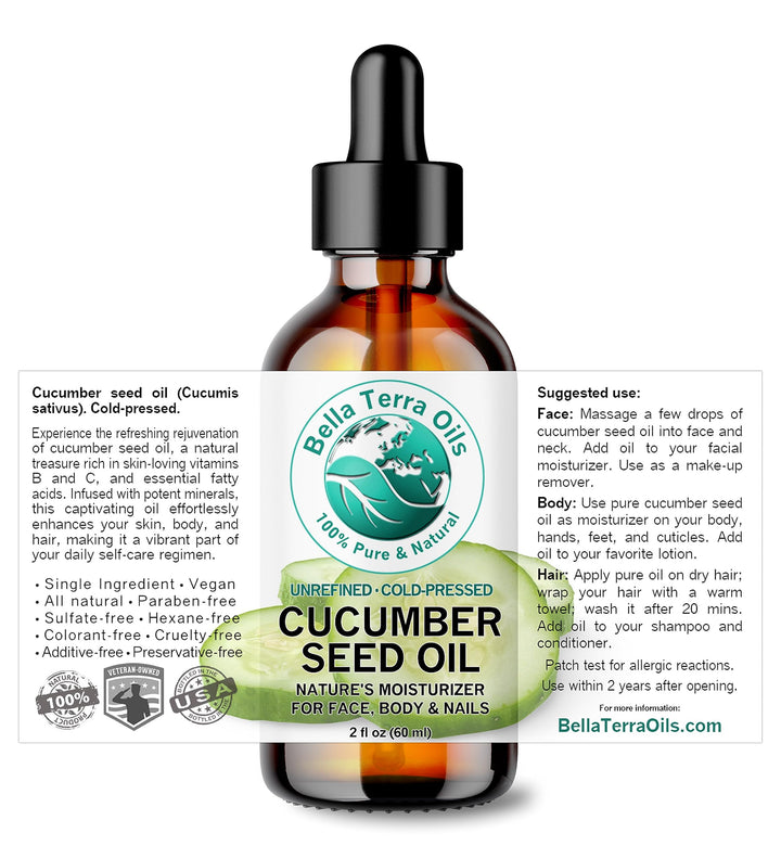 Bella Terra Oils - Cucumber Seed Oil 2 oz - Cold-Pressed Marvel, Packed with Vitamin E, B1, B2 & B3, Omega-6 Fatty Acids, Perfect Complement to Your Skin Regimen