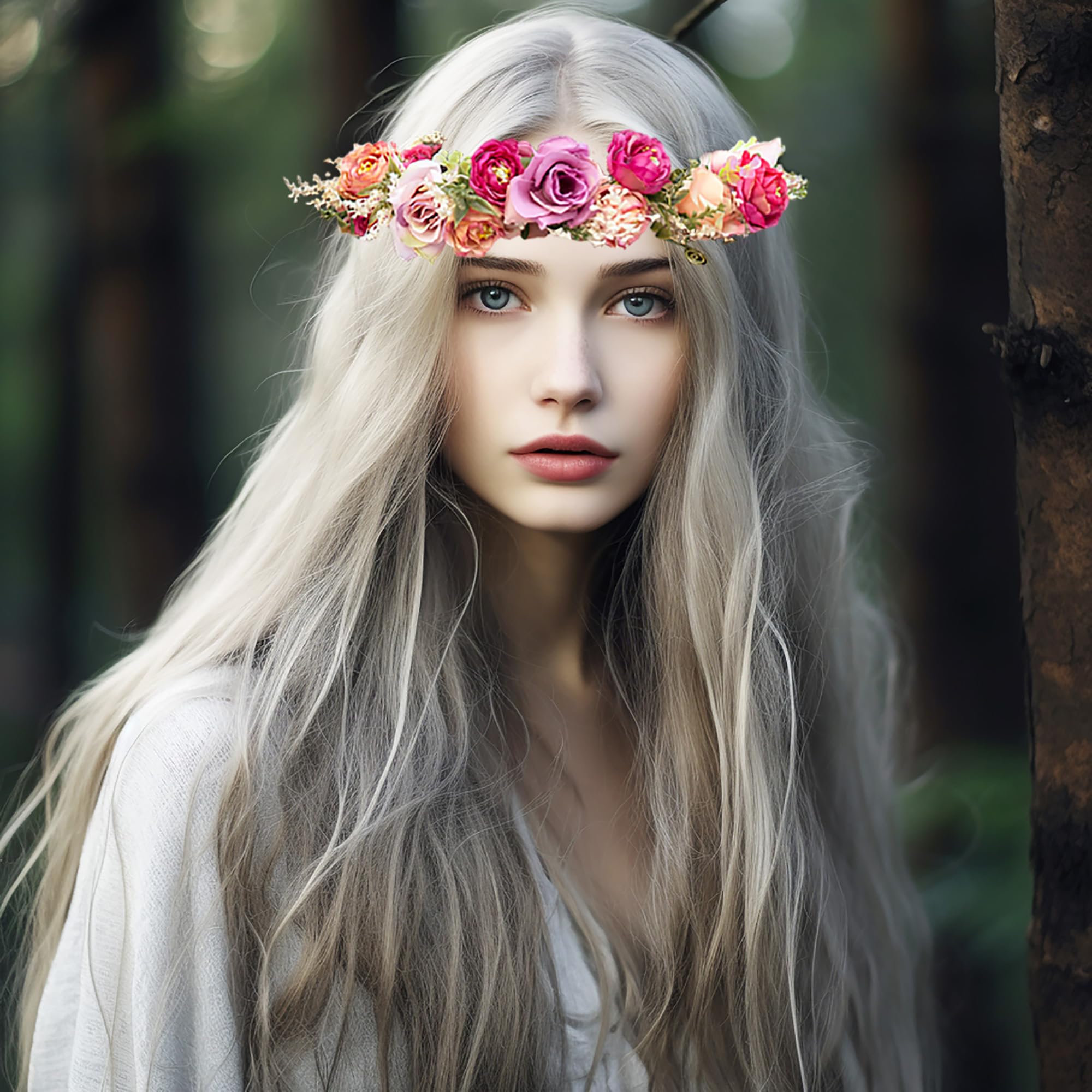 LINFLL Rose Flower Crown Wreath Headband Festival Wedding Hair Floral Halo Headpiece with Ribbon Rose Red