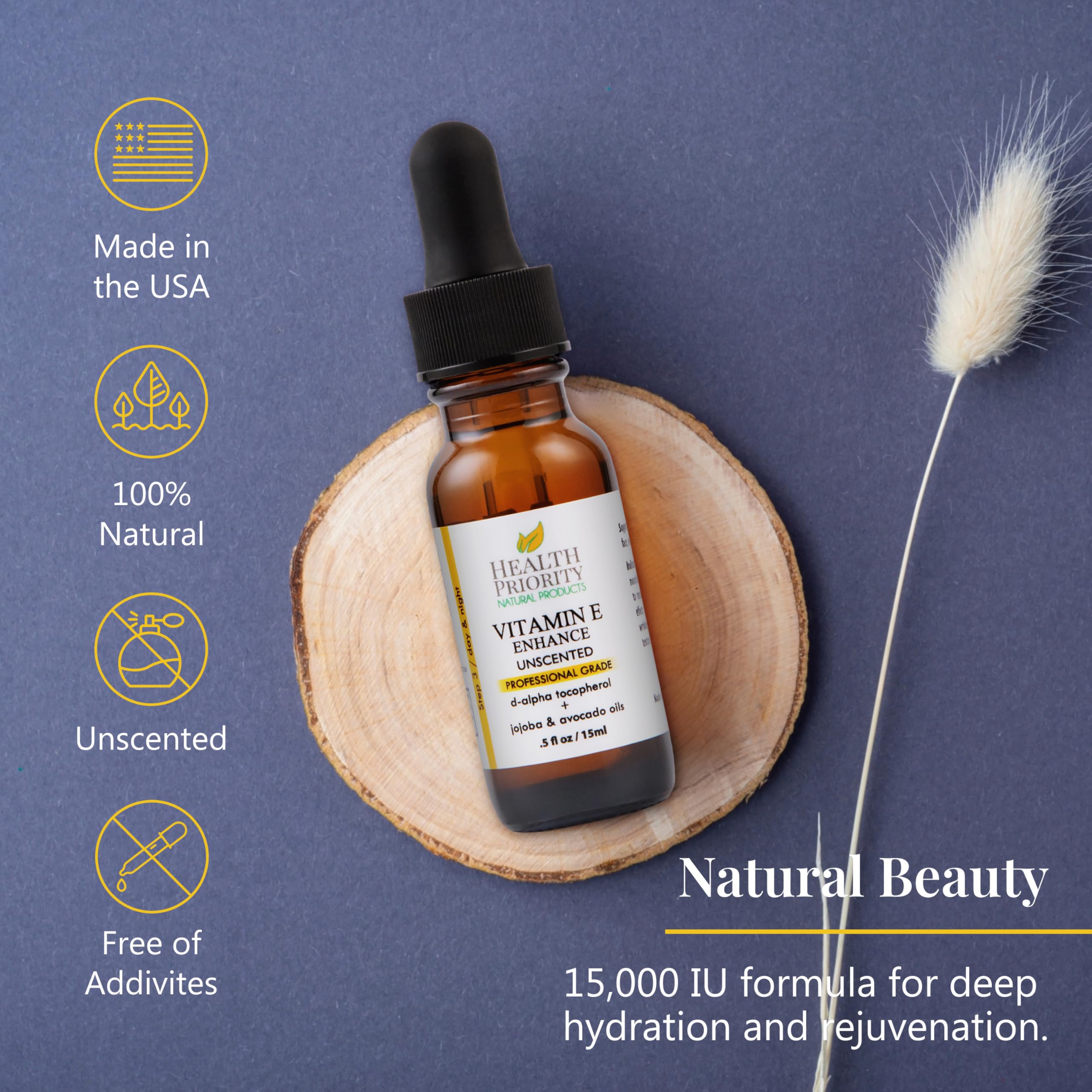 Health Priority Naturals Organic Vitamin E Oil for Skin - 0.5 Fl oz Vitamin E Serum with Jojoba and Avocado Oil - 15000 IU Unscented, Handcrafted for Face and Hair, Non-GMO and No Gluten