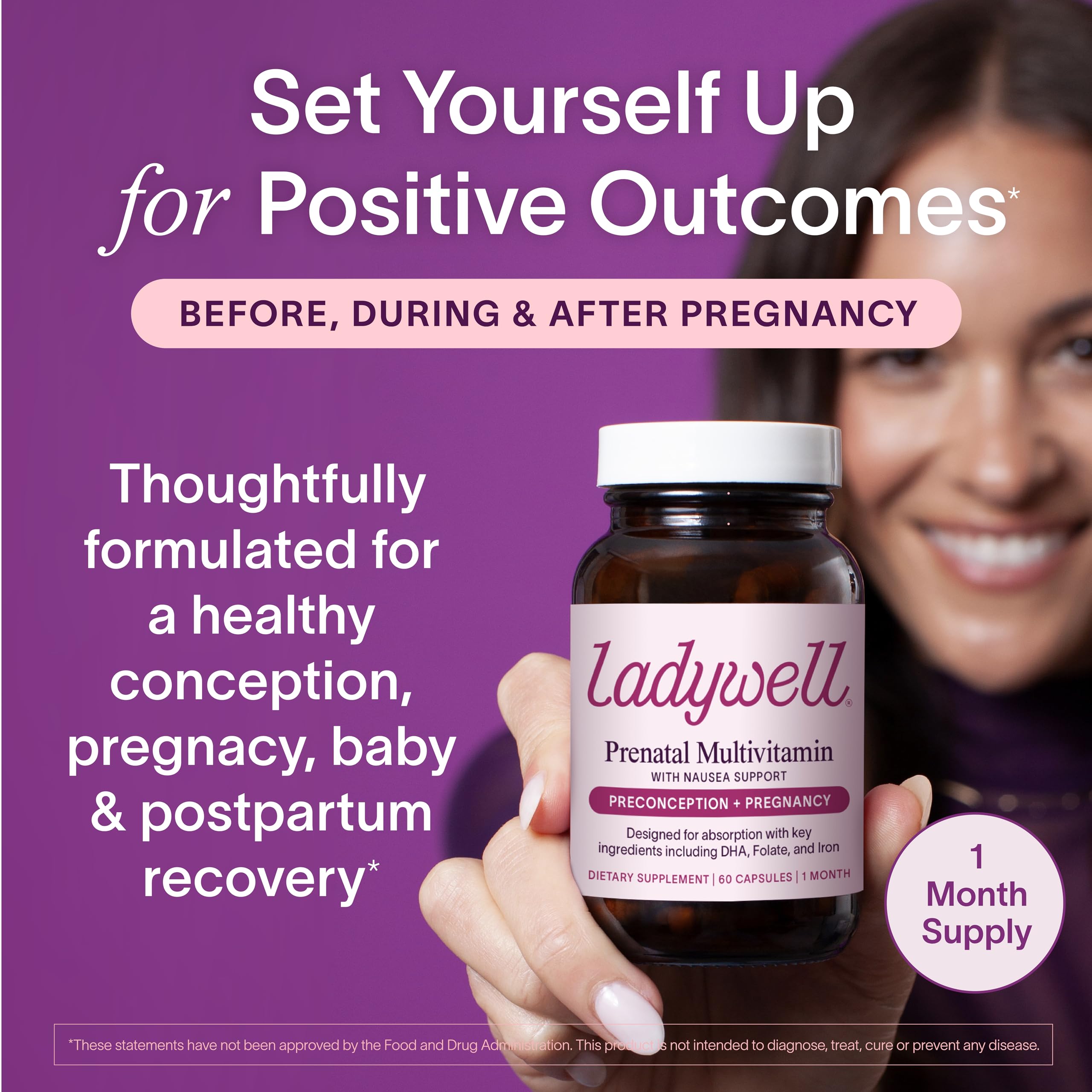 Ladywell Prenatal Multivitamin | Conception, Pregnancy & Postpartum | Key Ingredients Including DHA, Folate & Iron | Expertly-Formulated & Tested | Designed for Absorption with Nausea Support, 60 Ct