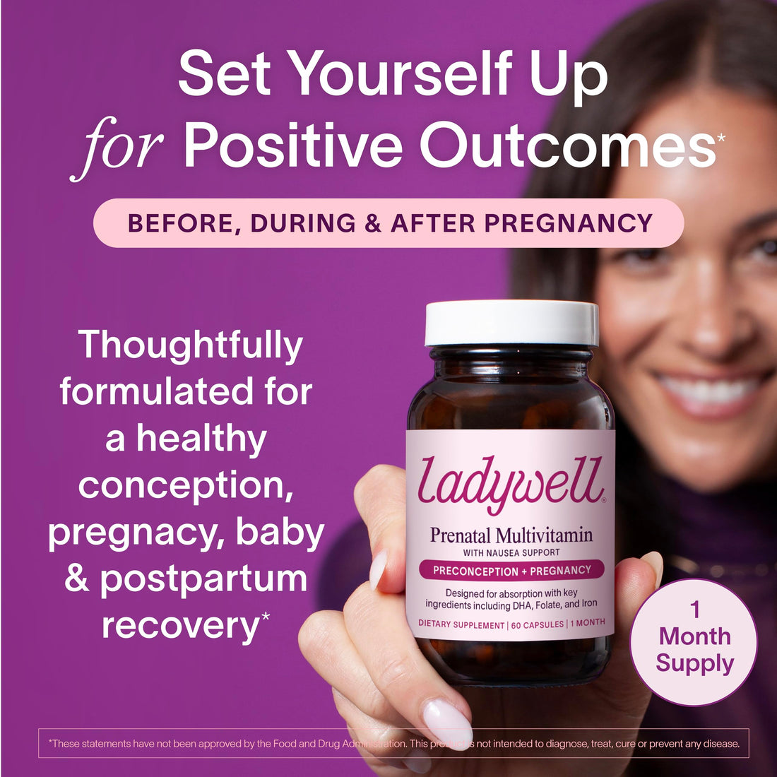 Ladywell Prenatal Multivitamin | Conception, Pregnancy & Postpartum | Key Ingredients Including DHA, Folate & Iron | Expertly-Formulated & Tested | Designed for Absorption with Nausea Support, 60 Ct