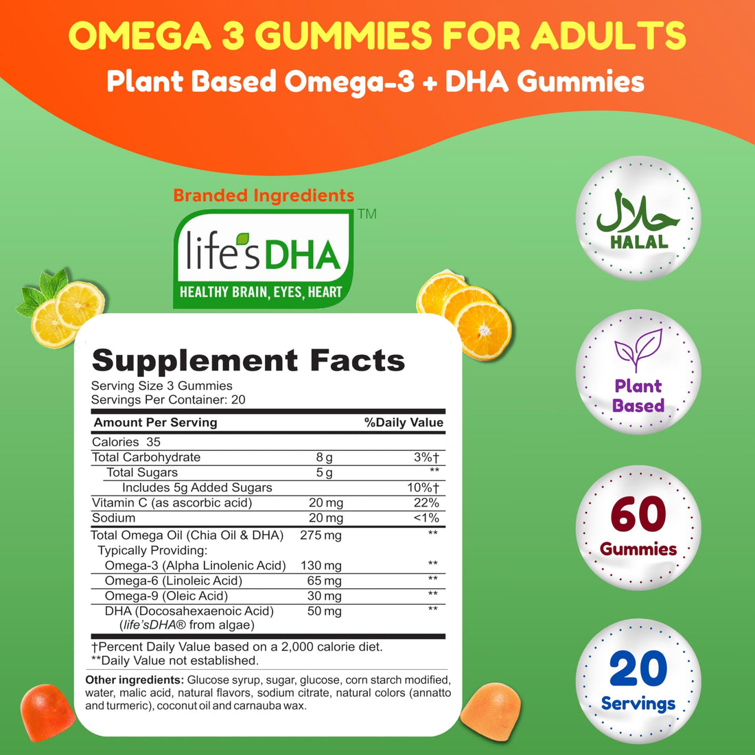 SHIFAA NUTRITION Vegan Omega 3 Gummies for Adults | No Fish Oil Burps | 60 Gummies | Plant Based w/Chia Oil, Algae | Omega 3 6 9 w/DHA, Vitamin C | for Brain, Cardiovascular & Immune Support Halal