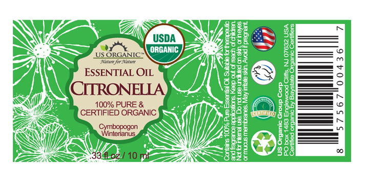 US Organic Citronella Essential Oil, USDA Certified, 100% Pure, 10 ml, Improved caps and droppers - Used for Skin care, Mosquito repellent, DIY Projects like Candle Making and much more