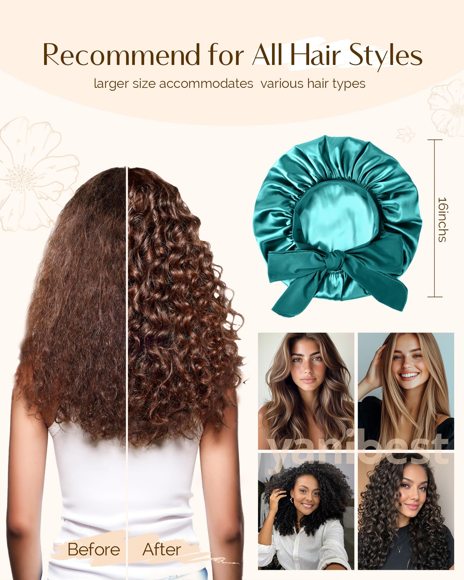 Yanibest Adjustable Satin Bonnet for Sleeping, Double Layer Silk Hair Bonnet with Tie Band for Unisex Women Men Curly Natural