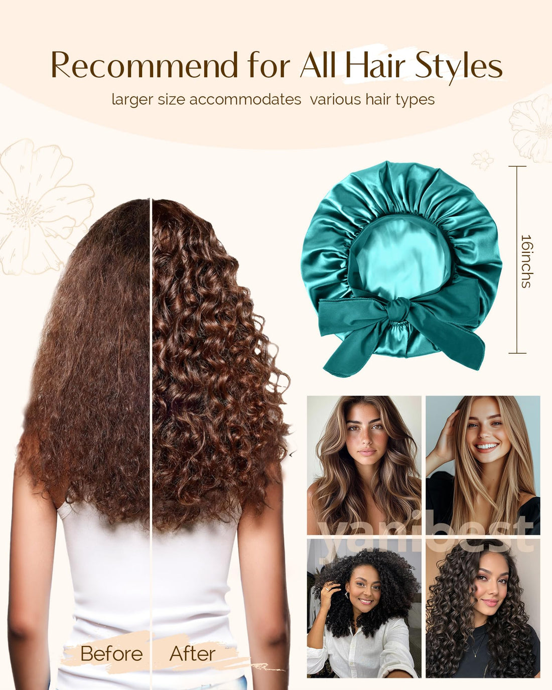 Yanibest Adjustable Satin Bonnet for Sleeping, Double Layer Silk Hair Bonnet with Tie Band for Unisex Women Men Curly Natural