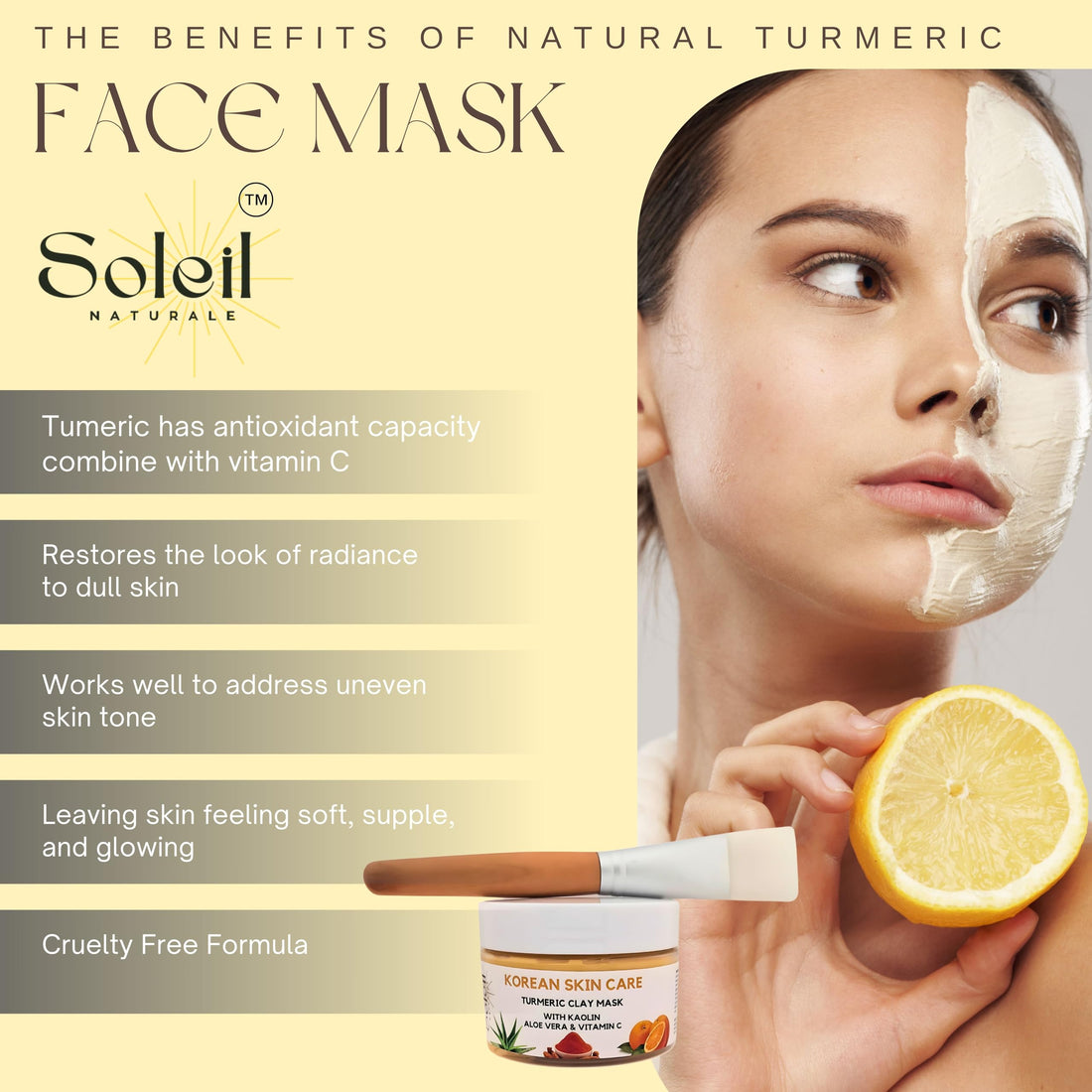 Korean Skin Care - Organic Turmeric Clay Mask Kit with Kaolin, Aloe Vera, Vitamin C, Shea Butter, Cruelty Free - Wooden Brush, Soft Cleansing Pad Cosmetic Remover