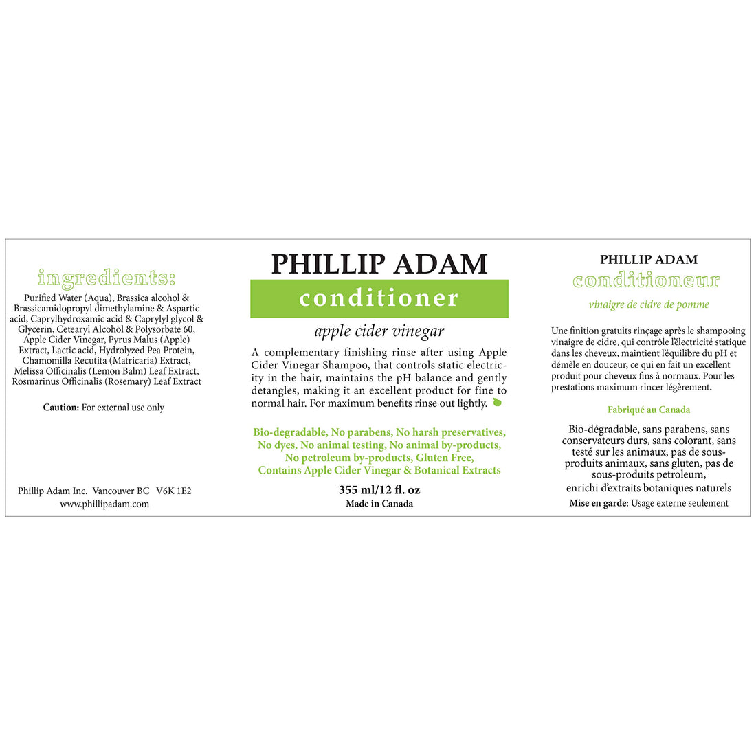 Phillip Adam Apple Cider Vinegar Shampoo and Conditioner Set for All Types of Hair - Sulfate Free - pH Balancing - 12 Ounce Each