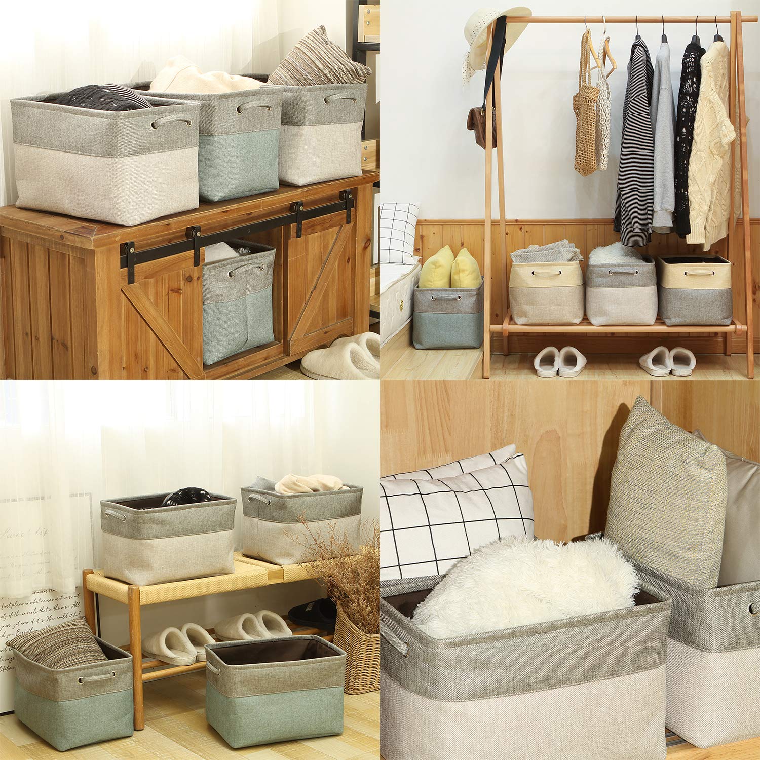 Sea Team 3-Pack Large Storage Basket Set, Trunk Organizer, Clothes Toys Bin, 15 x 10 x 10 Inches, Big Rectangular Canvas Fabric Collapsible Shelf Box with Handles for Kids Room (Ash Grey/Grey)