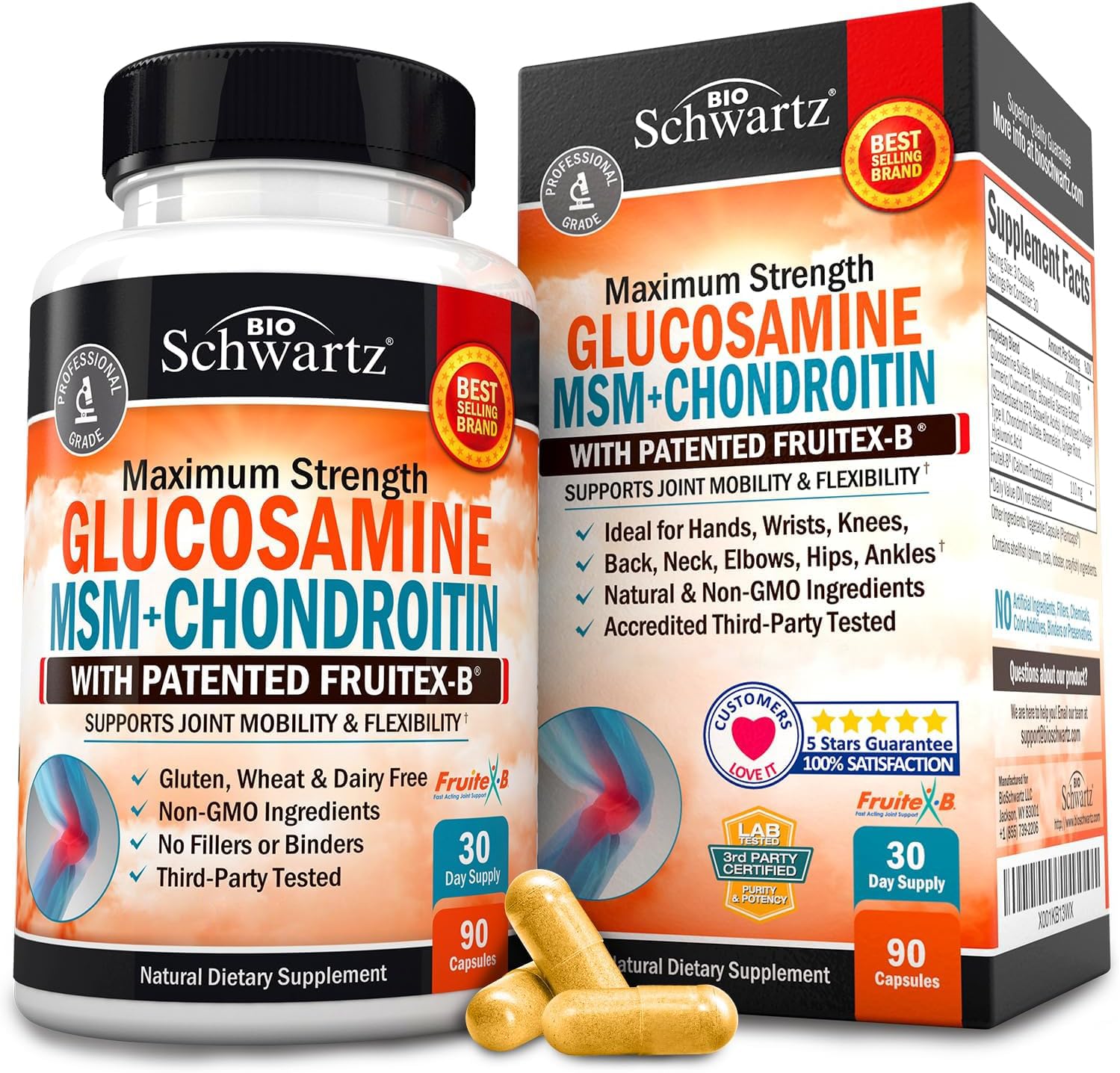 Glucosamine Chondroitin MSM Triple Strength Joint Support Supplement with Collagen Peptides, Turmeric and Ginger, Hyaluronic Acid, Glucosamine Chondroitin Sulfate - Gluten Free, Non GMO, 90 Capsules