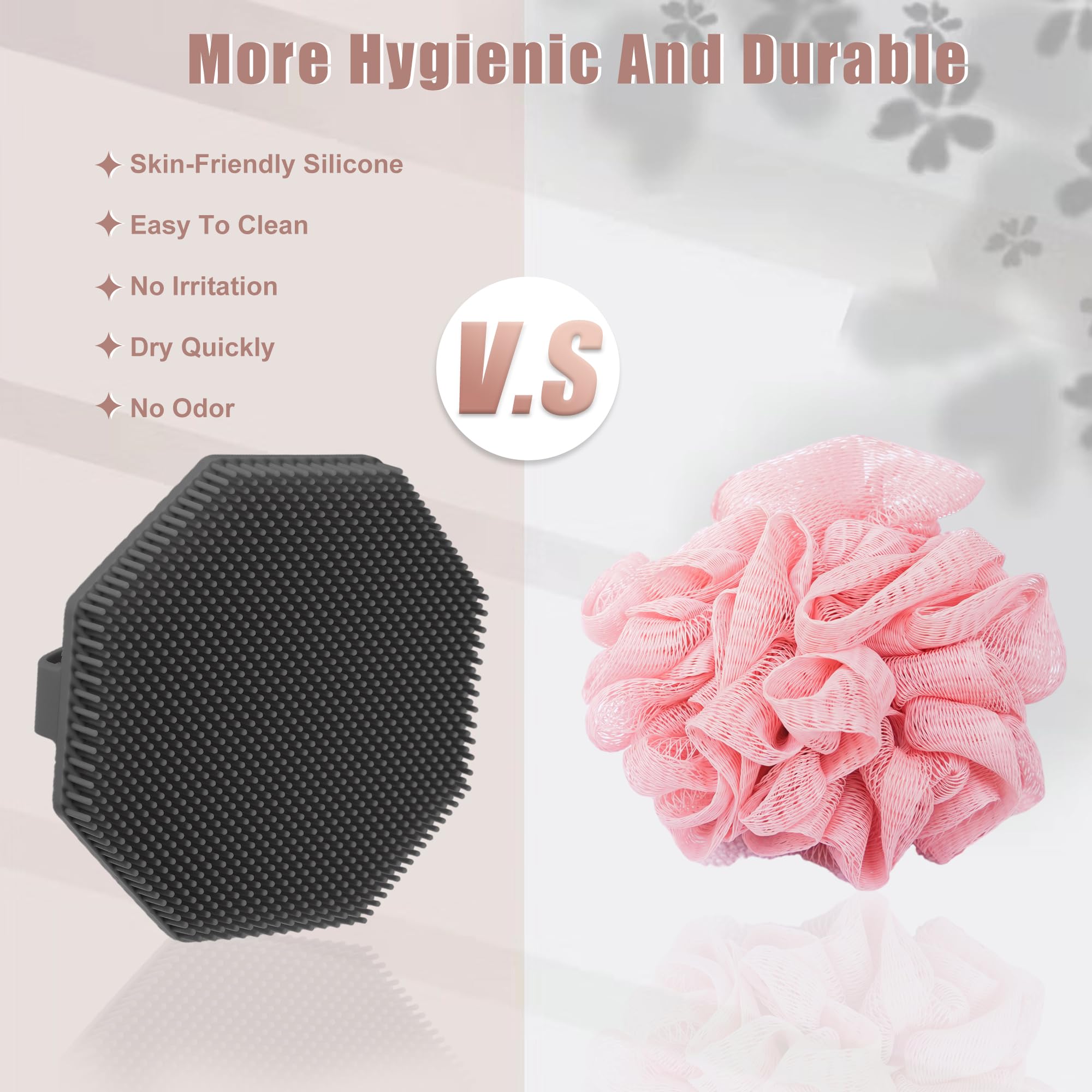 VOCOSTE Silicone Body Scrubber, Exfoliating Shower Scrubber with Non-Slip Hand Strap, Body Brush for All Skin Types, Body Scrubber for Use in Shower, Gray