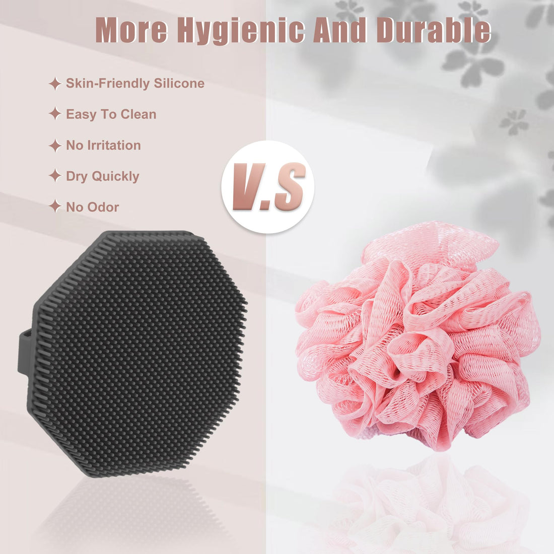 VOCOSTE Silicone Body Scrubber, Exfoliating Shower Scrubber with Non-Slip Hand Strap, Body Brush for All Skin Types, Body Scrubber for Use in Shower, Gray