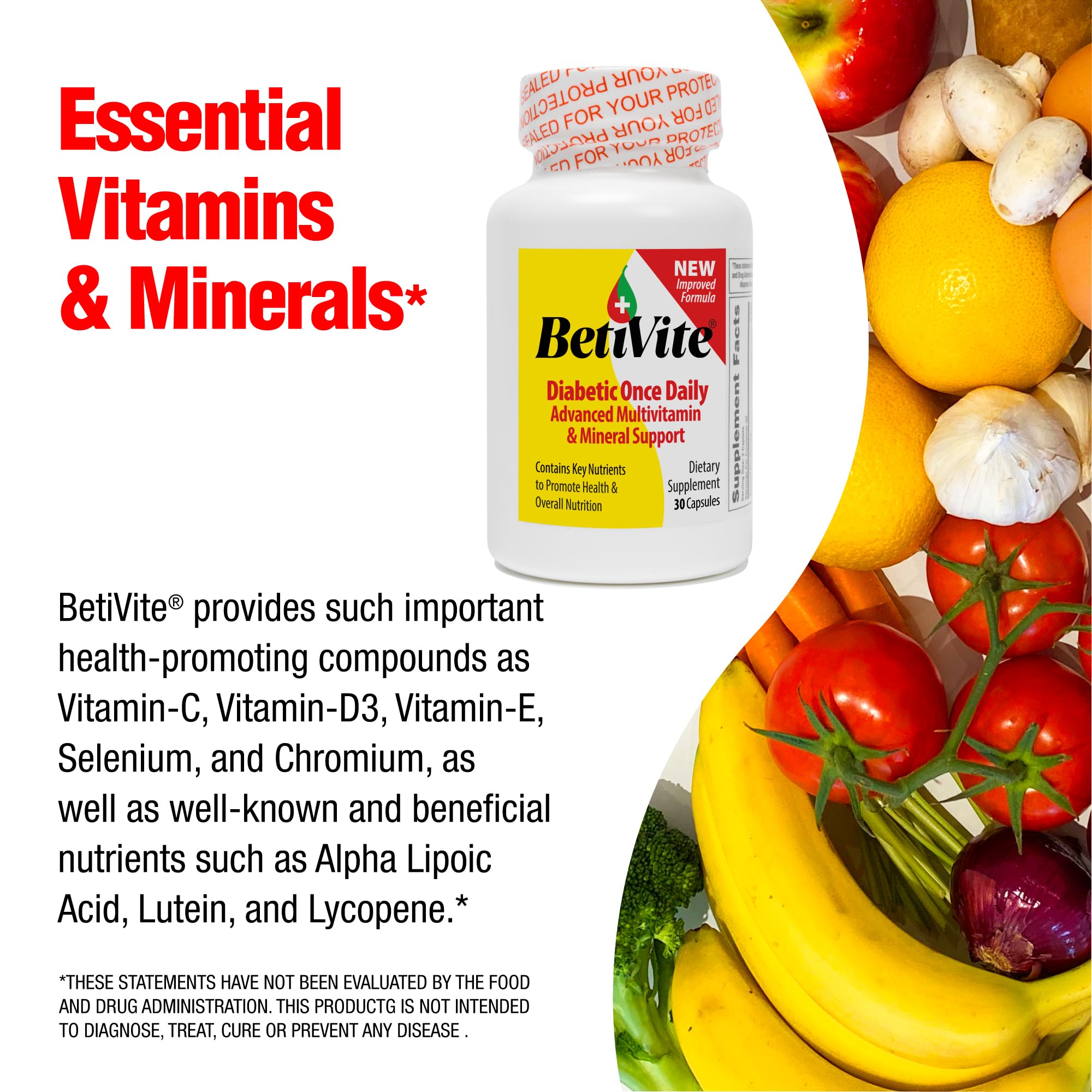 BetiVite Multi Vitamins Support Healthy Nerve Function & Eye Health, Contains ALA, Lycopene and Lutein to promote overall health, 30 Day Supply