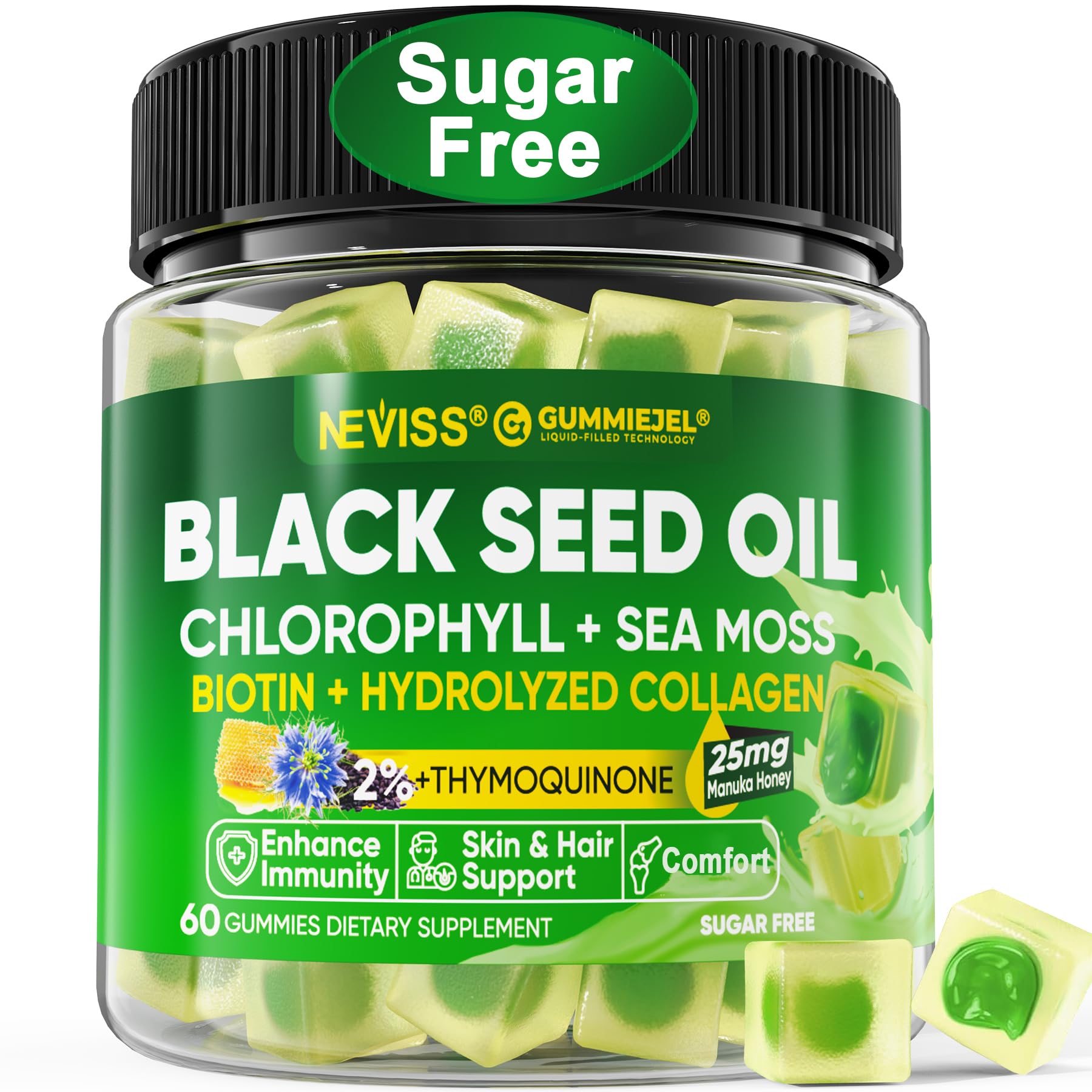 Black Seed Oil Gummies, Chlorophyll & Sea Moss Supplement 500mg, Biotin 500mcg with Hydrolyzed Collagen for Skin, Hair & Nails, Vit E, C, Zinc for Overall Health, Organic Cold Pressed, High Absorption