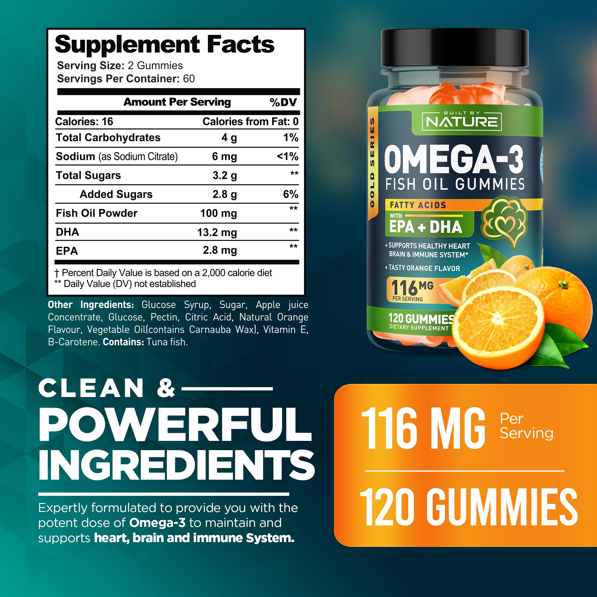 Omega 3 Fish Oil Gummies with EPA & DHA from Wild Fish - Triple Strength Omega 3 Fish Oil Gummy, Supports Healthy Heart, Brain & Immune System, Burpless & Natural - 120 Gummies, 60 Day Supply